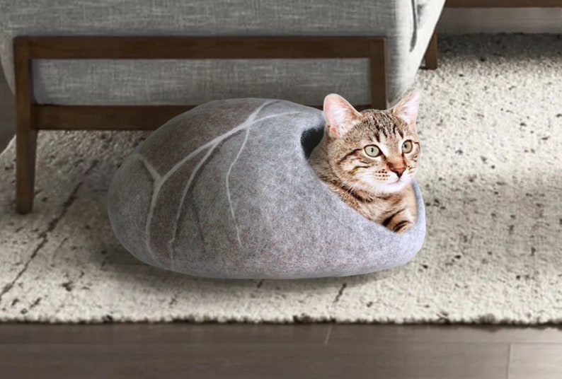 Wool Felted Cat Cave Cat Bed Cat House Cat Furniture Cat Lover Gift River Rock Cat Cave image 1
