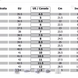 May include: A shoe size conversion chart showing UK, EU, US/Canada, centimeters, and inches. The chart shows the equivalent sizes for men's shoes.