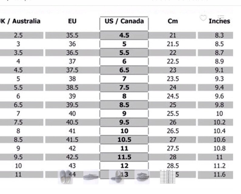 May include: A shoe size conversion chart showing UK, EU, US/Canada, centimeters, and inches. The chart shows the equivalent sizes for men's shoes.