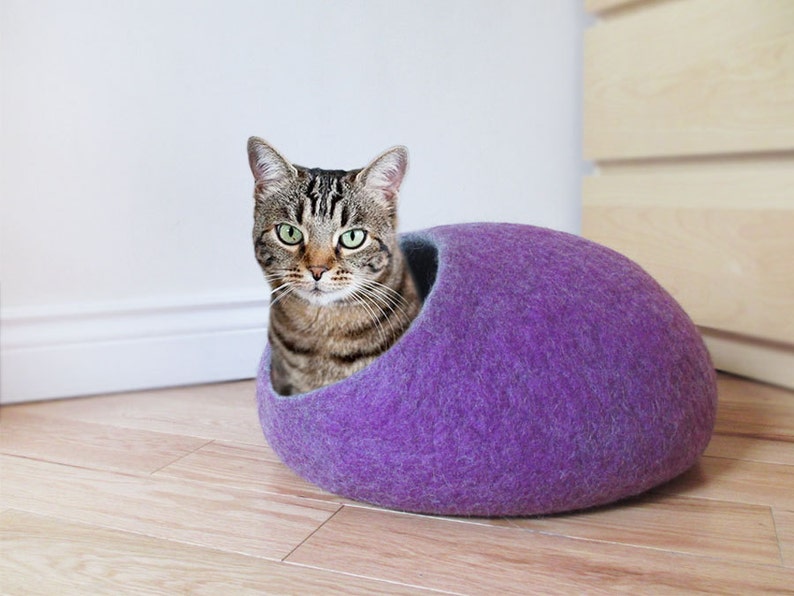 Felted Wool Cat Cave in Purple 100 Natural Eco Friendly Pet Etsy