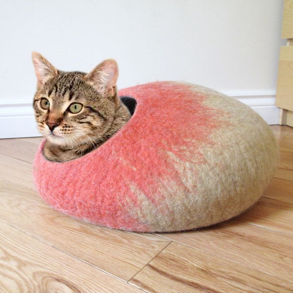 Felted Wool cat cave in Coral and Tan colours, simple design, 100% natural eco friendly pet house, wool felted cat cocoon, cat bed house