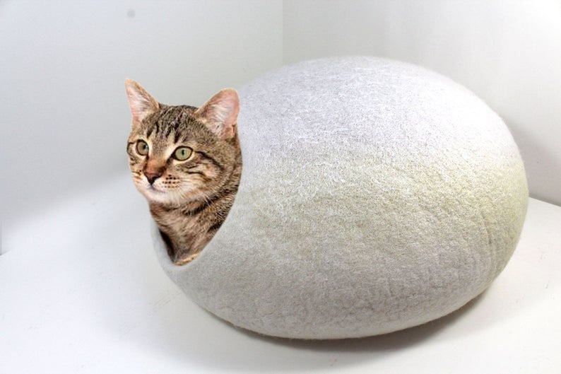 May include: A brown tabby cat with green eyes peeks out of a white felt cat bed shaped like an egg.
