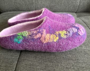 Wool Felted Slippers Women & Men • Rainbow Silk • Purple House Shoes • Unisex