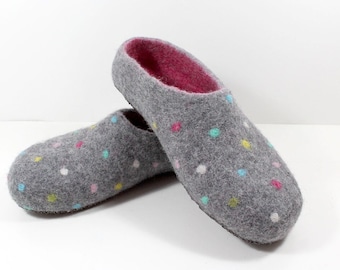 100% Laine Chaussons Feutrés Femme Homme, Chaussures de Maison Eco Chaudes, Laine Naturelle Gris Multicolore à pois, Pieds Confort