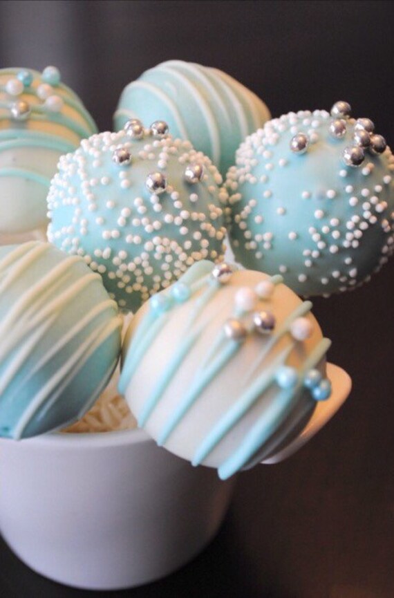 Baby Blue and White Drizzled Cake Pops with Sprinkles & Sugar Beads | Turquoise and White Cake Pops Il_570xn