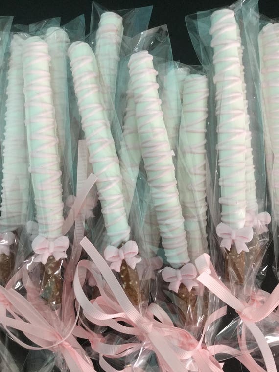 Baby Pink and White Drizzled Chocolate Covered Pretzels with Edible Bow Il_570xn