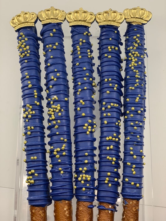 Royal Prince Blue and Gold Chocolate Covered Pretzel Rods with Edible Crown Il_570xn