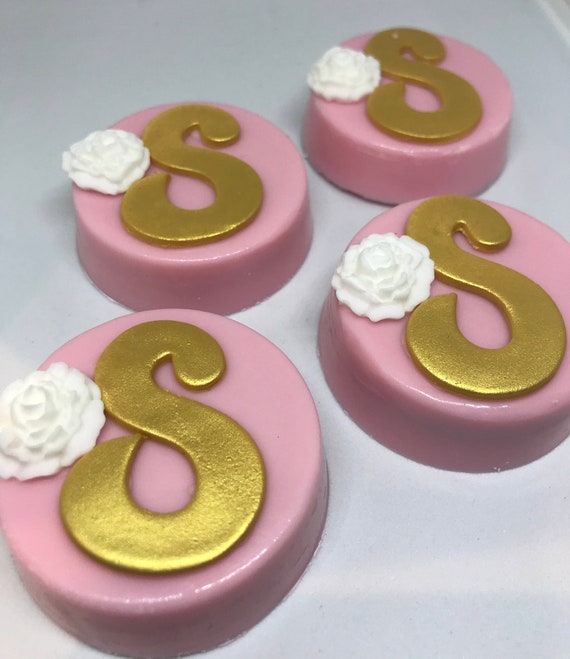 Initial Monogram Chocolate Covered Oreos in Pink and Gold with White Flower Il_570xn