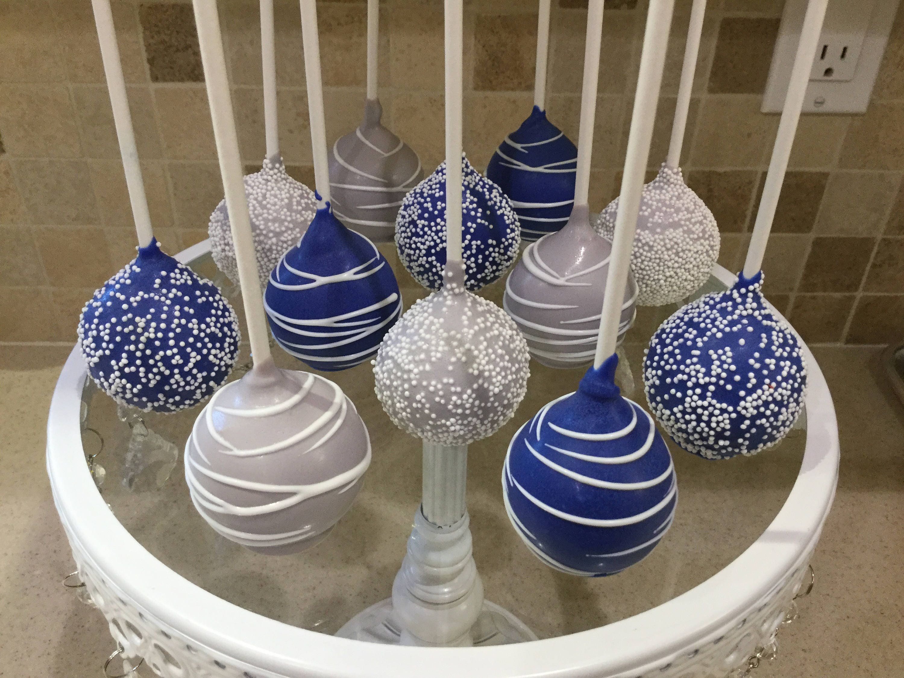 Royal Blue White And Silver Drizzled And Sprinkled Cake Pops Etsy