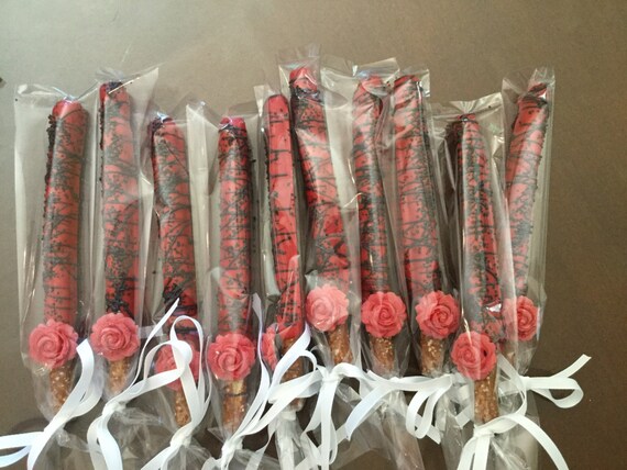 Red Chocolate Covered Pretzels with Black Drizzle and Edible Rose Il_570xn