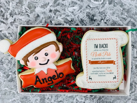 Personalized Elf Decorated Sugar Cookie with I'm Back Letter Cookie- With Gift Box Il_570xn
