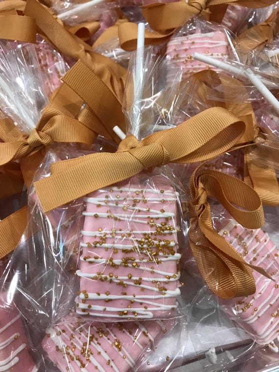 Pink Chocolate Covered Rice Krispie Treats with White Drizzle and Gold Sprinkles Il_570xn