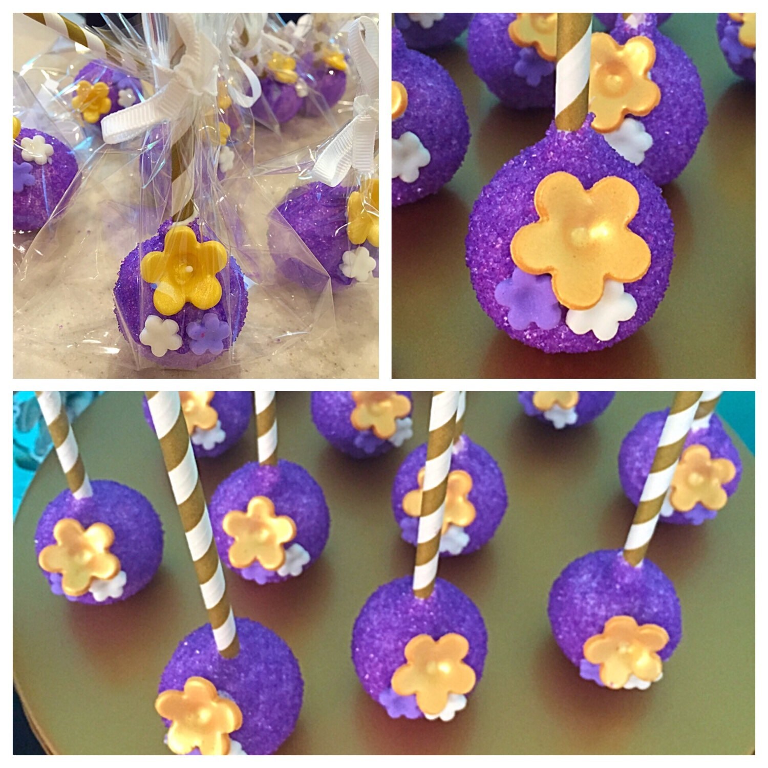 Purple And Gold Sparkling Cake Pops With Flowers Etsy