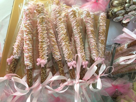 Pink and Gold Chocolate Covered Pretzel with Edible Bow Il_570xn