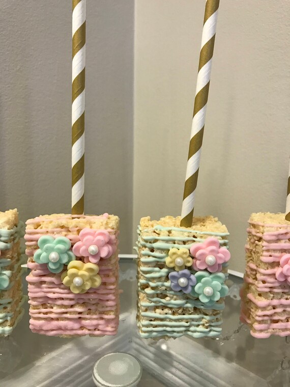 Pastel Chocolate Drizzled Rice Krispie Treats with Pastel Edible Flowers Il_570xn