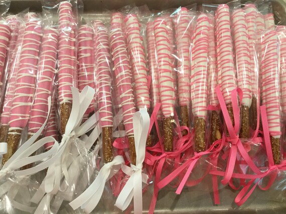 Bright Pink and White Drizzled Chocolate Covered Pretzel Rods Il_570xn