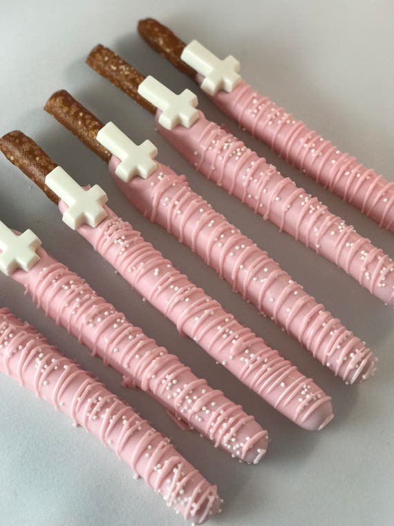 Light Pink and White Cross Chocolate Covered Pretzels Il_570xn