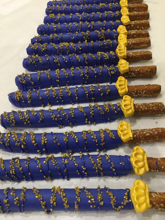 Royal Prince Blue and Gold Chocolate Covered Pretzel Rods with Edible Crown Il_570xn