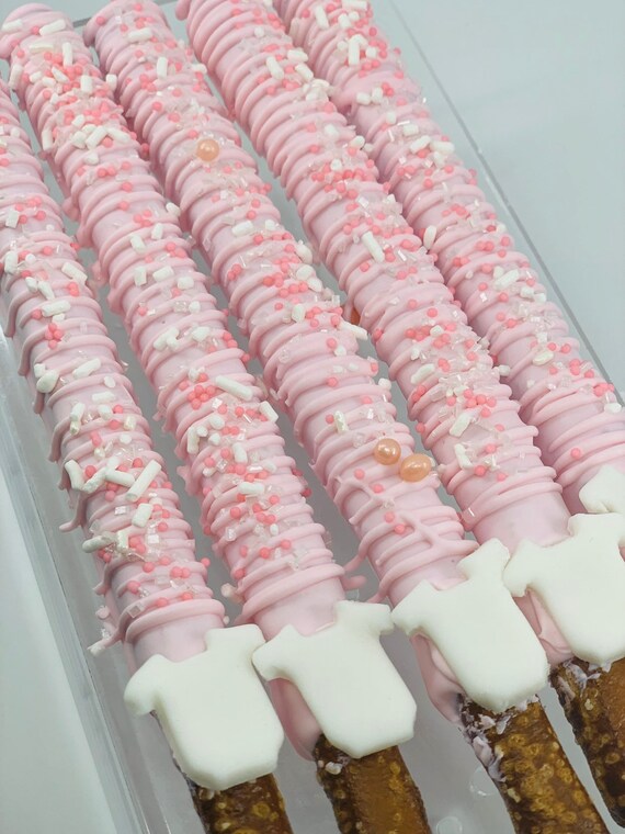 Light Baby Pink and White Baby Shower Chocolate Covered Pretzel Rods with Edible Onesie Il_570xn