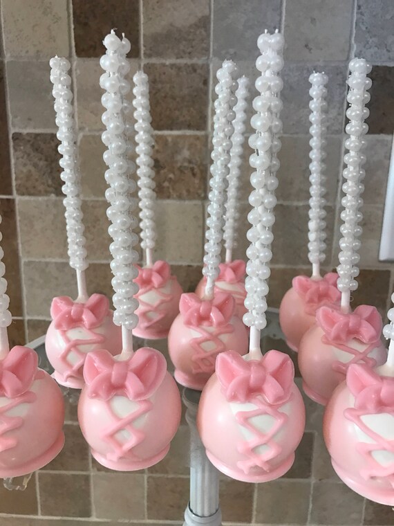 Light Baby Pink Ballerina Slipper Cake Pops with Pink Edible Bow on Pearl Stick Il_570xn