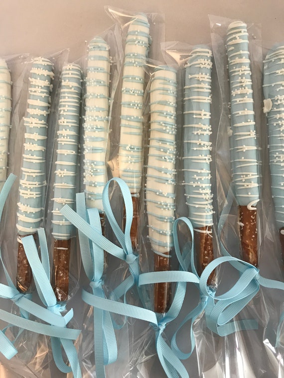 Baby Blue and White Drizzled Chocolate Covered Pretzel Rods with Sprinkles Il_570xn