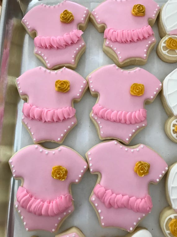 Pink Baby Girl Onesie Cookies With Edible Gold Rose Flower Etsy