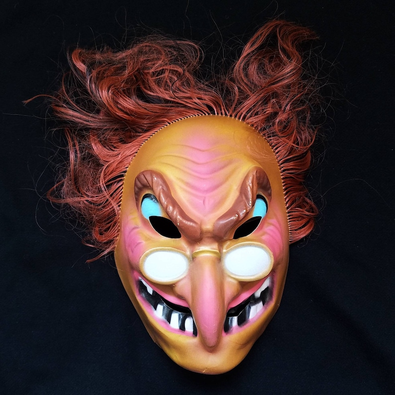 Vintage 80s 90s Plastic Adults Spooky Gnarly Wizard Mask with Hair
