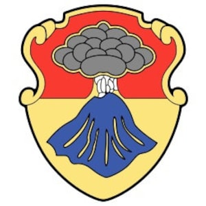 May include: A red and yellow shield with a gray tree on top and a blue volcano with white smoke at the bottom.