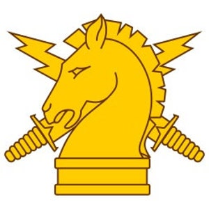 May include: A gold chess knight with a lightning bolt and crossed swords behind it. The knight is a symbol of strategy and power.