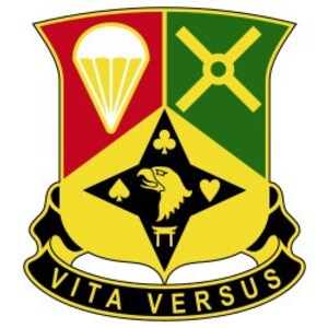 May include: A yellow, green, and red military unit patch with a parachute, a star, and a cross. The patch has a black eagle with a yellow beak and talons. The text "VITA VERSUS" is on a yellow ribbon at the bottom of the patch.