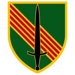 May include: A green and gold shield with three red stripes and a black sword in the center.