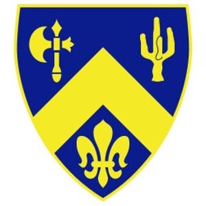 May include: A blue and yellow heraldic shield with a fleur-de-lis at the bottom, an axe and a cactus on the top.