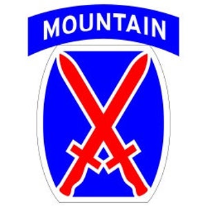 May include: A blue and white patch with the word "MOUNTAIN" in a white banner at the top. Two red crossed swords are in the center of the patch.