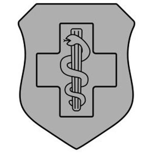 May include: A grey shield with a white cross and a snake wrapped around a staff inside the cross.