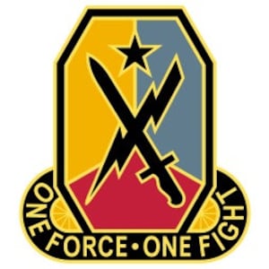 Könnte beinhalten: Ein militärisches Einheitsemblem in Gold, Rot und Blau mit einem Stern, gekreuzten Schwertern, Blitzen und Bergen. Das Emblem trägt den Text "ONE FORCE ONE FIGHT" am Rand.