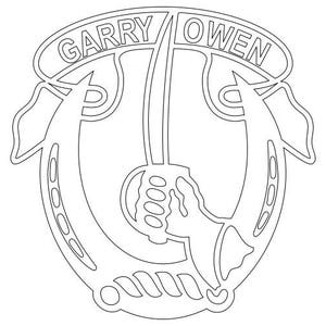 May include: Black and white line drawing of a crest with the text "GARRY OWEN" at the top.