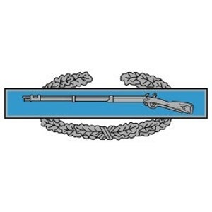 Pode incluir: Uma fita de prêmio militar azul e prata com um design de louro e um mosquete no centro.