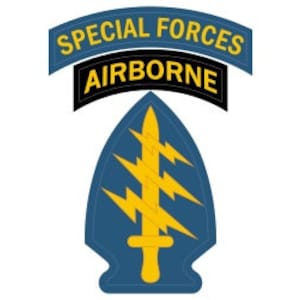 May include: A blue and gold embroidered patch with a sword and lightning bolts, with the text "SPECIAL FORCES AIRBORNE" above it.