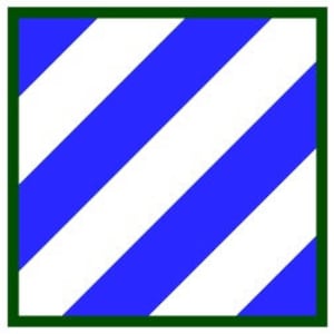 May include: A blue and white striped fabric patch with a green border. The patch has a square shape and is commonly used as a military insignia.