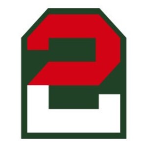 May include: A red and green military patch with the number "2" in a white outline.