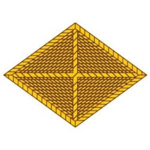 May include: A square, yellow and brown woven coaster with a diamond shape. The coaster has a woven pattern with a yellow border and a cross-shaped design in the center. The coaster is designed to protect surfaces from heat and moisture.