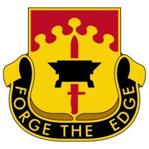 May include: A yellow and red shield with a black anvil and sword, surrounded by a black scroll with the text "Forge the Edge".
