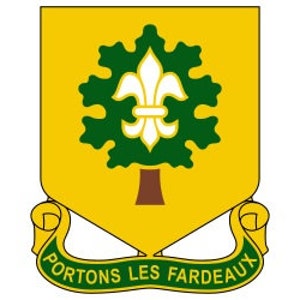 May include: A yellow shield with a green oak tree and a white fleur-de-lis. The shield is surrounded by a yellow scroll with the text "Portons Les Fardeaux" in black.