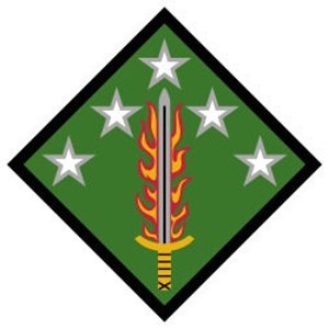 May include: A green diamond-shaped patch with a black border. Five white stars surround a gold sword with a red flame.