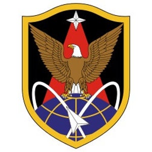 May include: A black and gold shield with a red triangle, a white star, and a brown eagle perched on a blue globe with a white airplane. The eagle's wings are spread wide.