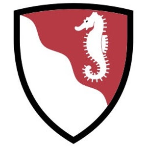 Op de afbeelding: Een wit silhouet van een zeepaardje op een rode achtergrond met een witte golfvorm. De afbeelding bevindt zich in een zwart schild.