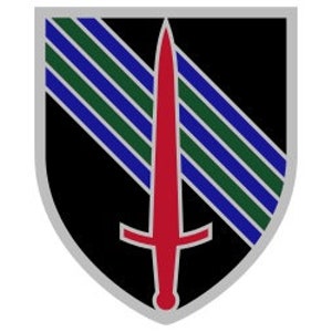 May include: A black and silver shield with a red sword in the center. Five diagonal stripes in blue and green run along the left side of the shield.
