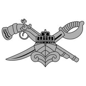 May include: A black and white illustration of a ship with a crossed sword and pistol on either side. The ship has a small mast and a flag at the top.