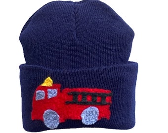 Hand Felted Acrylic Pull Down Hat for Toddlers Fire Truck