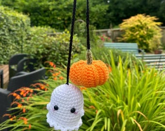 Crochet ghost and pumpkin car hanging